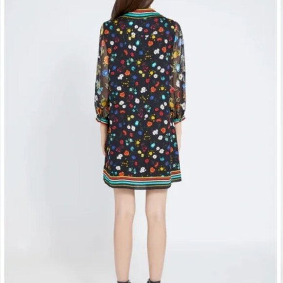 Alice & Olivia Lalita Dress Collared Blouson Botanical Ditsy Floral Black Small - Picture 3 of 10